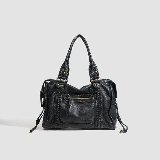 Designer Leather Handbag  Classic Black with Braided Detail Image 2