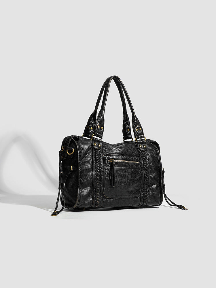 Designer Leather Handbag  Classic Black with Braided Detail Image 4