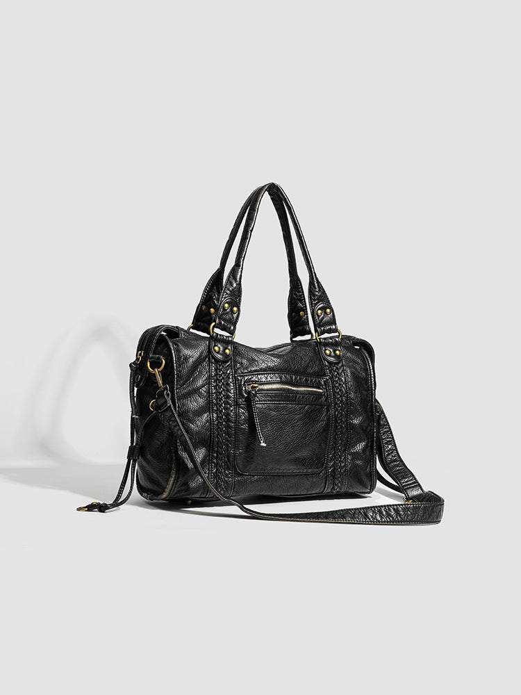 Designer Leather Handbag  Classic Black with Braided Detail Image 5
