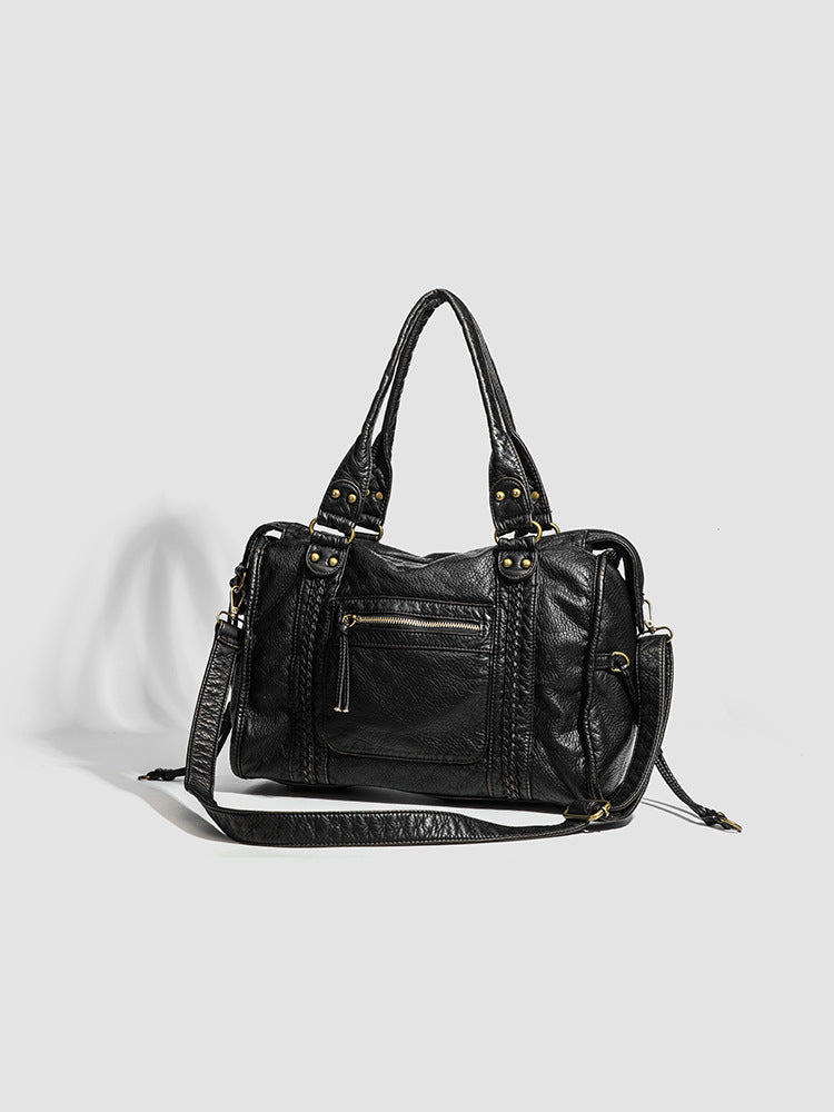 Designer Leather Handbag  Classic Black with Braided Detail Image 6