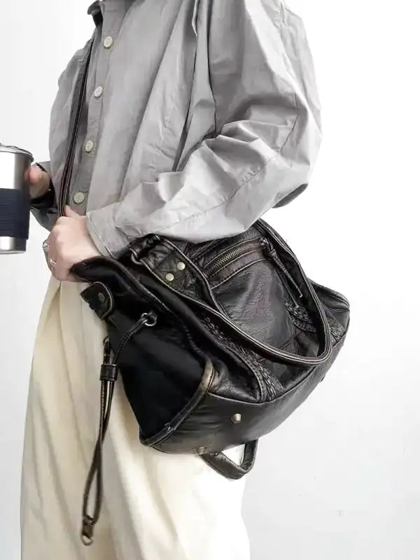 Designer Leather Handbag  Classic Black with Braided Detail Image 9