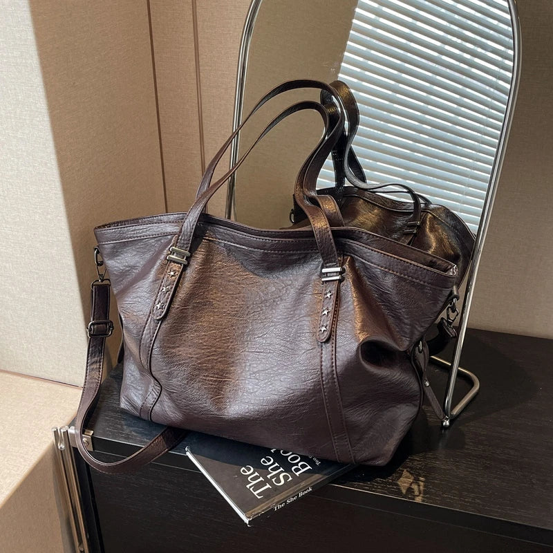 Large Leather Handbag  Classic Design with Star Studded Straps Image 9